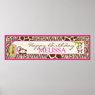 Jungle Monkey Safari Erster Geburtstag Banner Rosa Poster