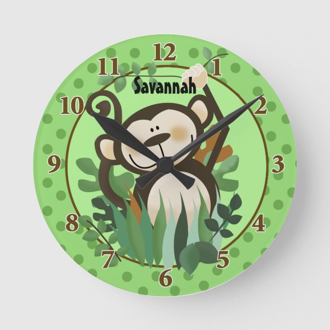 Jungle Monkey Wall Clock (grün) Fügen Sie einen Na Runde Wanduhr (Vorderseite)