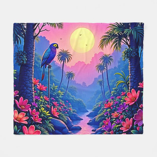 Jungle Moon Blue Parrot Paradise Fleecedecke (Vorderseite (Horizontal))