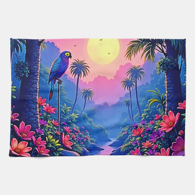 Jungle Moon Blue Parrot Paradise Geschirrtuch (Horizontal)