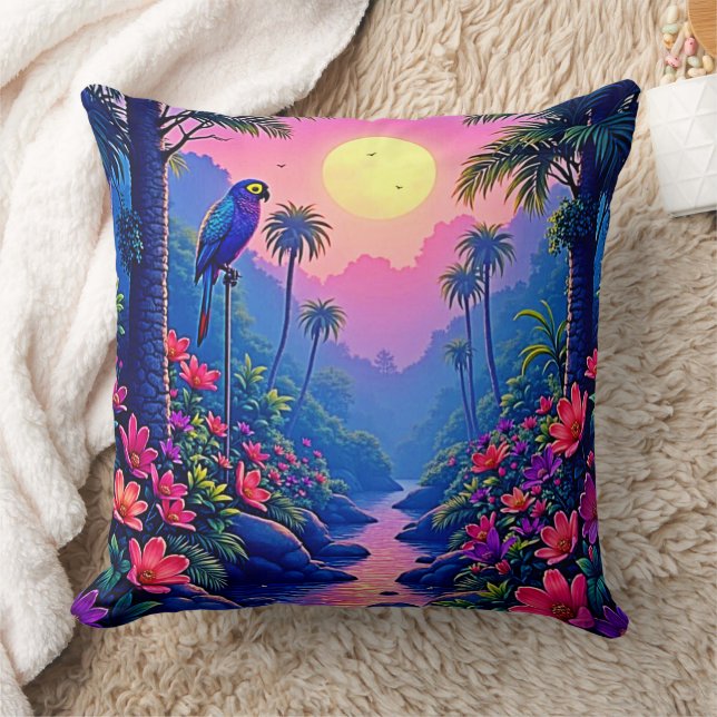 Jungle Moon Blue Parrot Paradise Kissen (Decke)