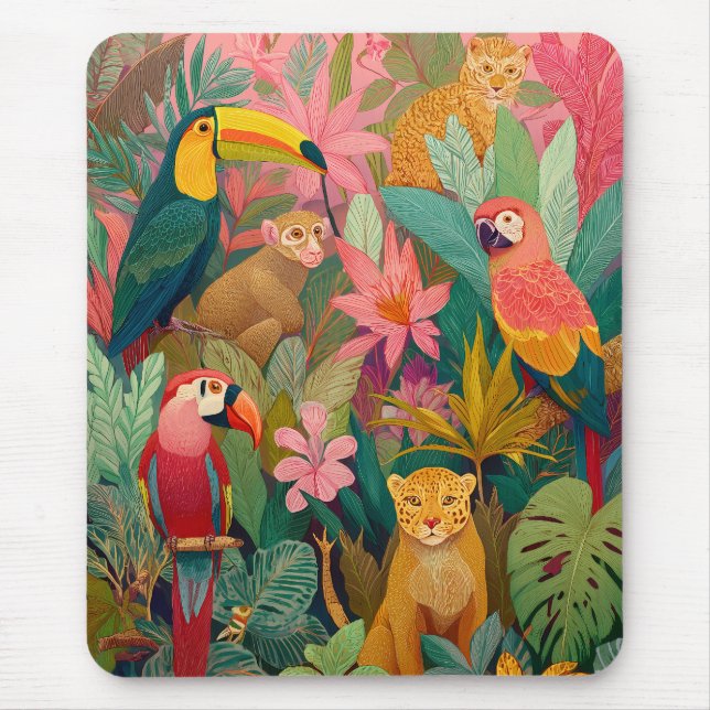 Jungle Mouse Pad–Leopard, Parrot, Toucan & Monkey Mousepad (Vorne)