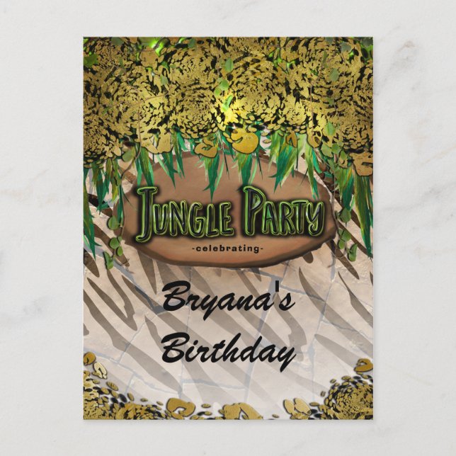 JUNGLE PARTY Gold Glam Animal Print Birthday Flyer Ankündigungspostkarte (Vorderseite)