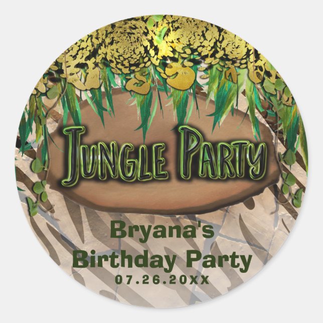 JUNGLE PARTY Gold Glam Animal Print Custom Gefalle Runder Aufkleber (Vorderseite)