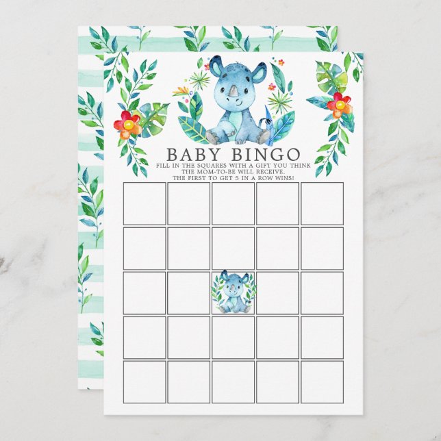 Jungle Rhino BINGO Babydusche Spiel Einladung (Vorne/Hinten)