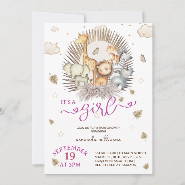 Jungle Safari Animal Baby Girl Dusche Einladung (Vorderseite)