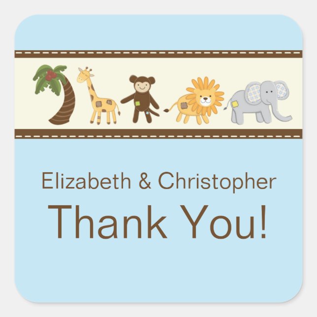 Jungle Safari Animal Blue Boy Baby Dusche Quadratischer Aufkleber (Vorderseite)