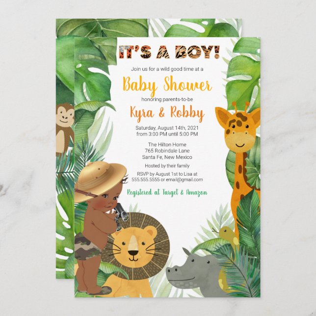 Jungle Safari Animals Baby Boy Dusche  Einladung (Vorne/Hinten)