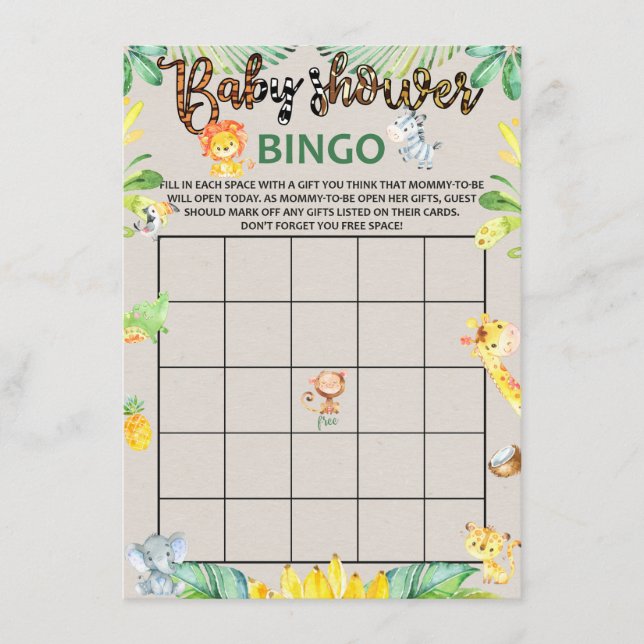 Jungle Safari Animals Baby Dusche Bingo Game Card Begleitkarte (Vorderseite)