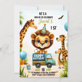 Jungle Safari Animals Boy 1. Geburtstag Einladung