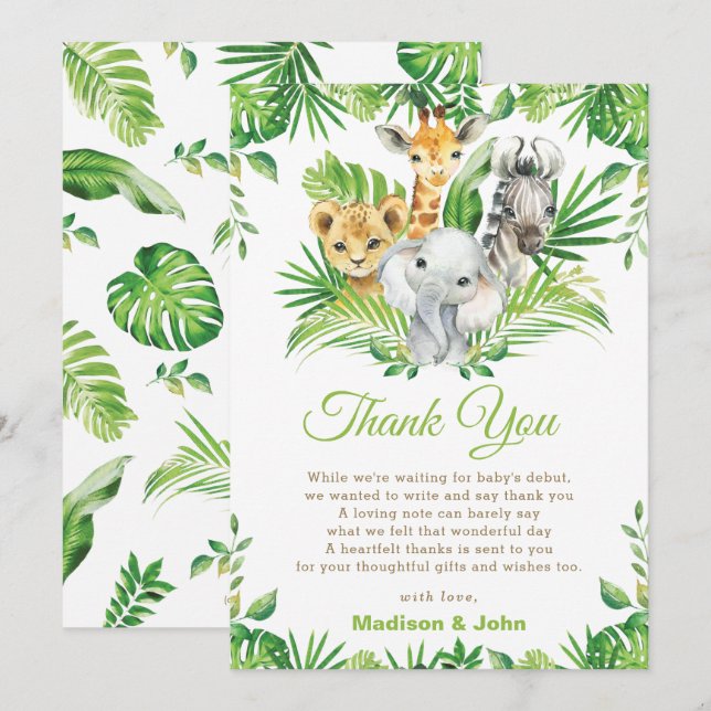 Jungle Safari Animals Greenery Neutral Baby Shower Dankeskarte (Vorne/Hinten)