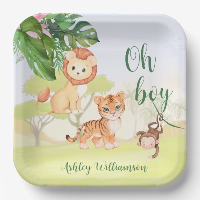 Jungle Safari Animals Oh Boy Baby Dusche Pappteller (Vorderseite)