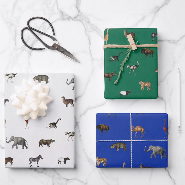 Jungle Safari Animals Pattern Blue Green Grey Geschenkpapier Set (Vorderseite)