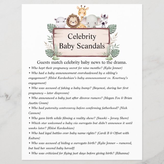 Jungle Safari Baby Showspiele Flyer (Vorne)