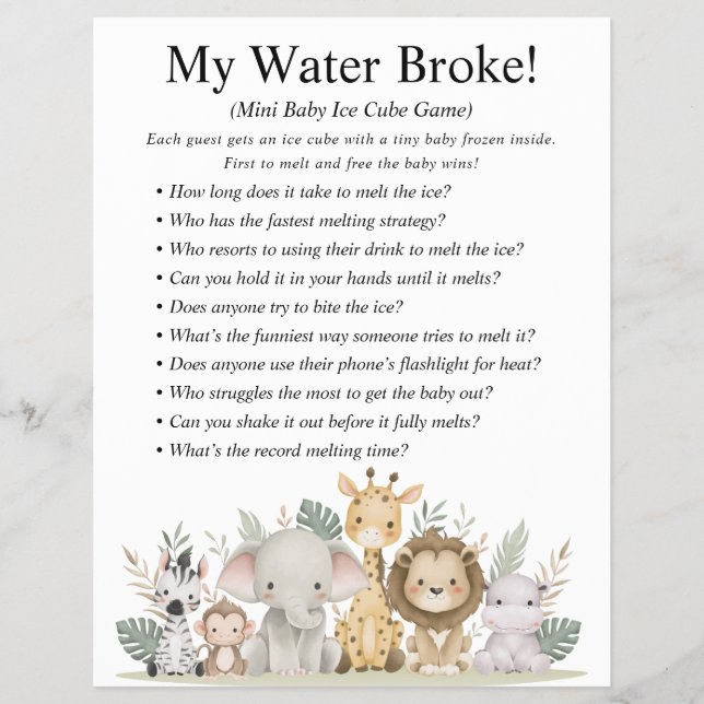 Jungle Safari Baby Showspiele Flyer (Vorne)