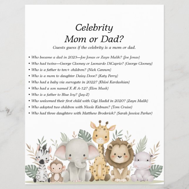 Jungle Safari Baby Showspiele Flyer (Vorne)