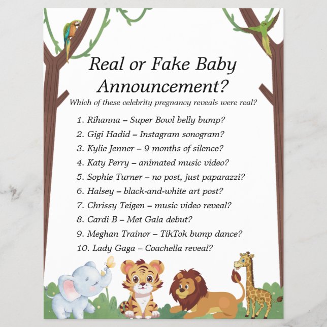 Jungle Safari Baby Showspiele Flyer (Vorne)