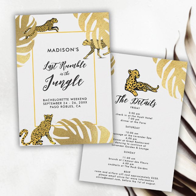 Jungle Safari Cheetah Gold Bacheloretto Einladung (last rumble jungle safari bachelorette party itinerary invitation cheetah monstera gold leaf elegant)
