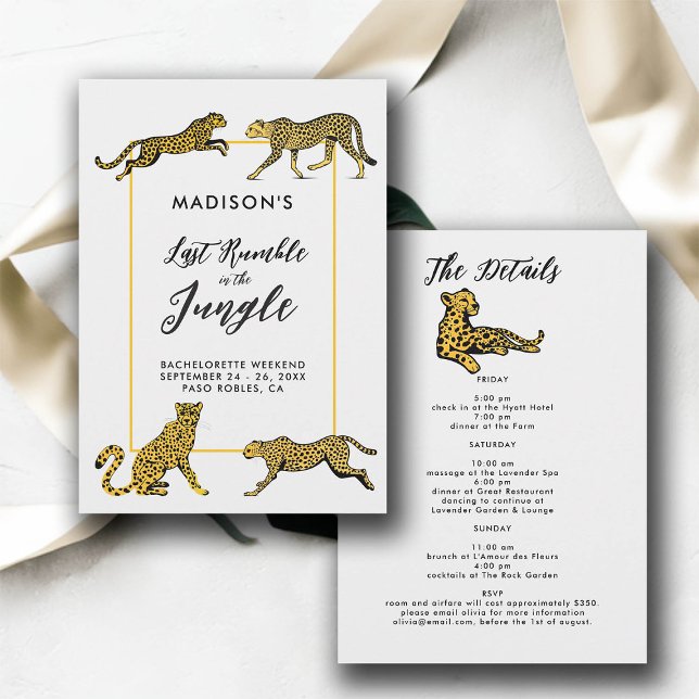 Jungle Safari Cheetah Junggeselinnen-Abschied Itin Einladung (jungle safari bachelorette party itinerary cheetah illustration last rumble elegant modern simple )