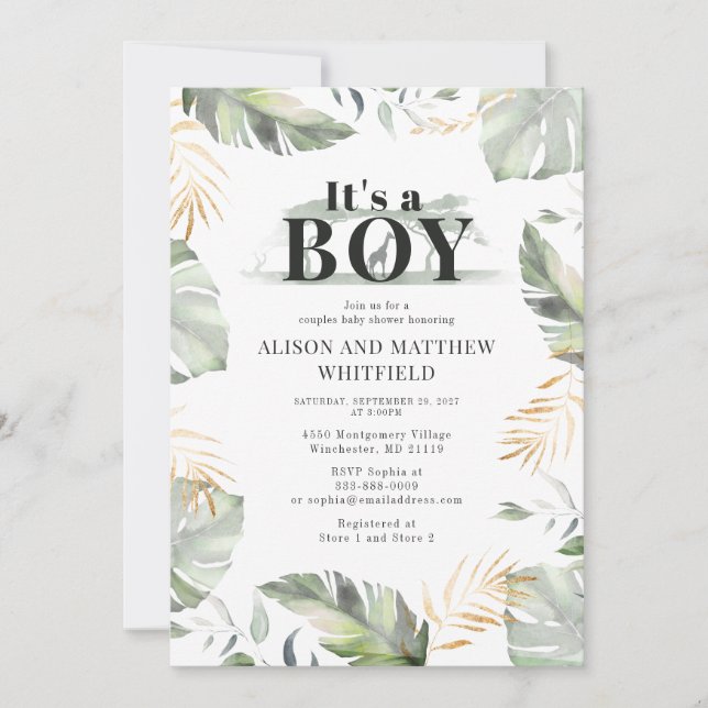 Jungle Safari Giraffe Baby Shower Boys Einladung (Vorderseite)