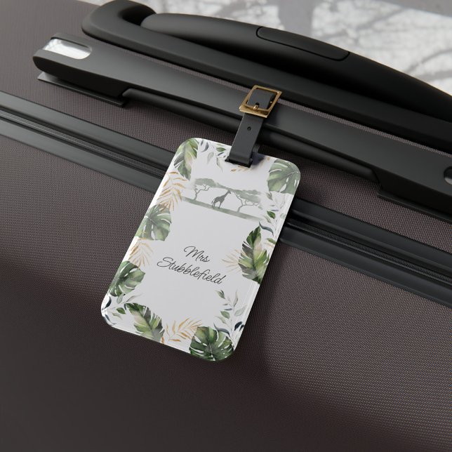 Jungle Safari Giraffe Palm Blätter Grüne Gepäckanhänger (Palm Leaves Watercolor Giraffe Bride Honeymoon Luggage Tag)