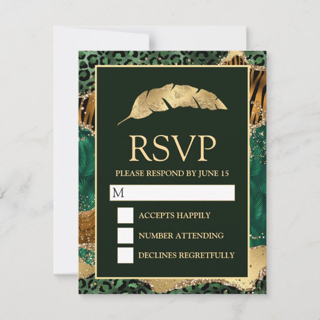 Jungle Safari Green Gold Glitzer Agate Wedding RSVP Karte (Vorderseite)