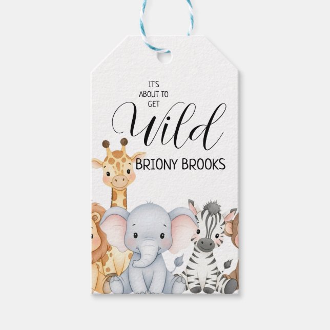 Jungle Safari "It's About To Get Wild" Baby Shower Geschenkanhänger (Vorderseite)
