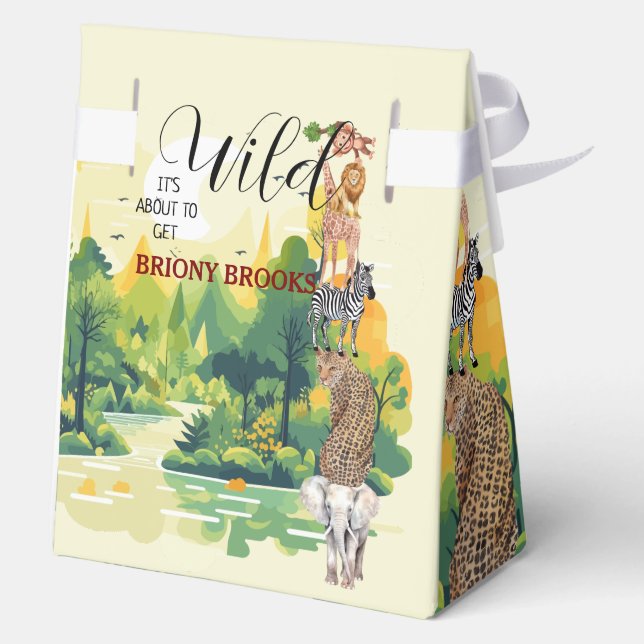 Jungle Safari "It's About To Get Wild" Baby Shower Geschenkschachtel (Rückseite)