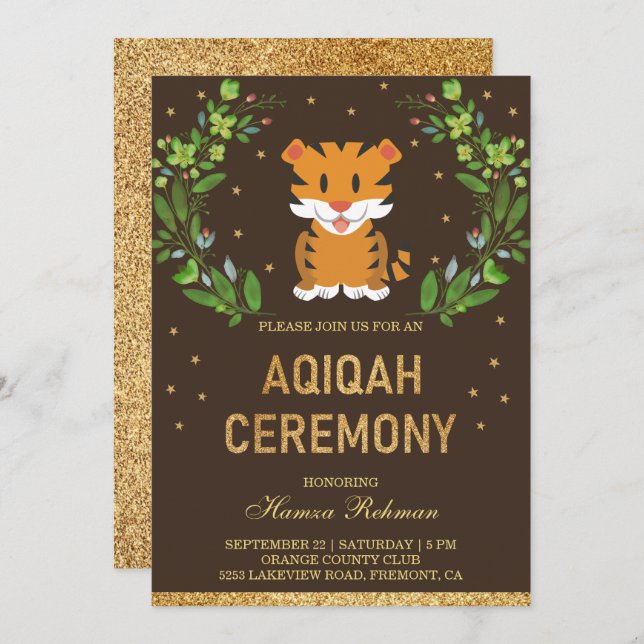 Jungle Safari Niedlich Baby Tiger Aqiqah Einladung (Vorne/Hinten)