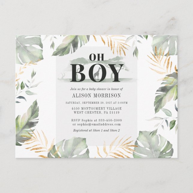 Jungle Safari Palm Blätter Giraffe Babydusche Einladungspostkarte (Vorderseite)