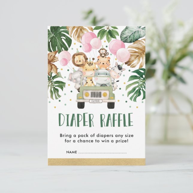 Jungle Safari Pink Balloon Baby Girl Diaper Raffle Begleitkarte (Stehend Vorderseite)