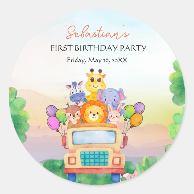 Jungle Safari Ride Theme 1st Birthday Runder Aufkleber (Vorderseite)