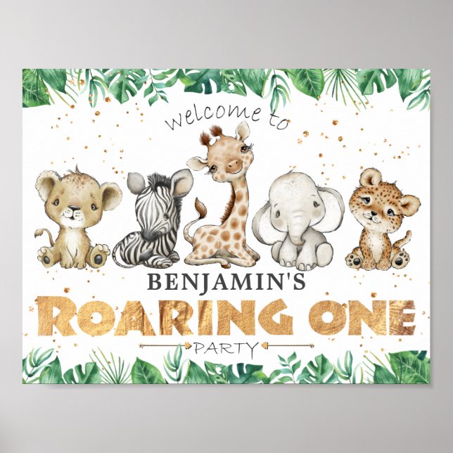 Jungle Safari Roaring Ein 1. Geburtstag Party Poster (Vorne)