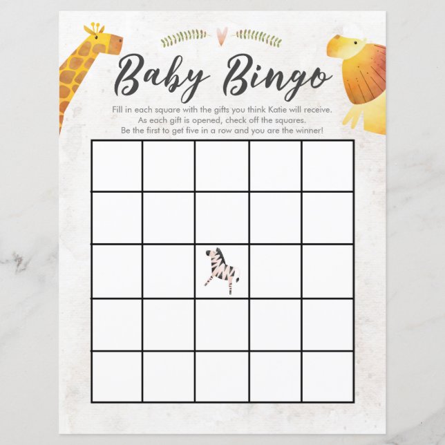 Jungle & Safari Thema Baby Bingo Baby Showspiel (Vorderseite)