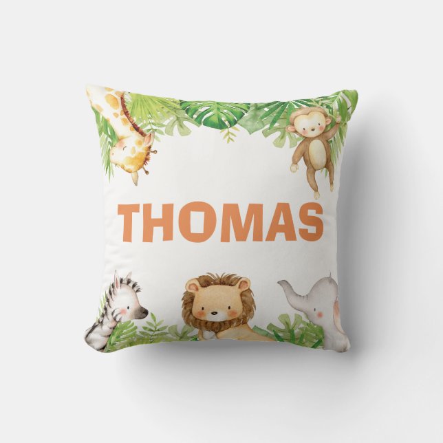 Jungle Safari Tiere Birth Stats Baby Boy Kinderzim Kissen (Vorderseite)