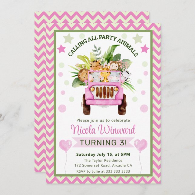 Jungle Safari Tiere Geburtstag Einladung (Vorne/Hinten)