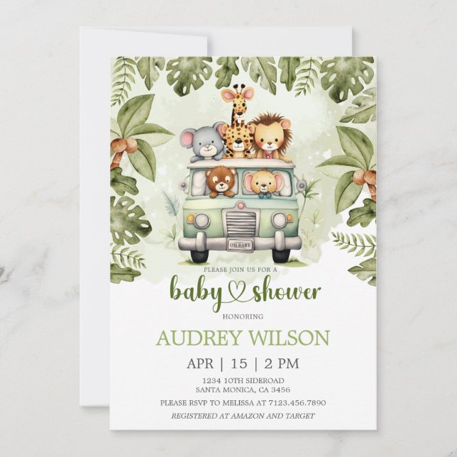 Jungle Safari Tiere im Auto Einladung (Vorderseite)