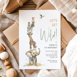 Jungle Safari Tiere "Let's Get Wild" Geburtstag Einladung