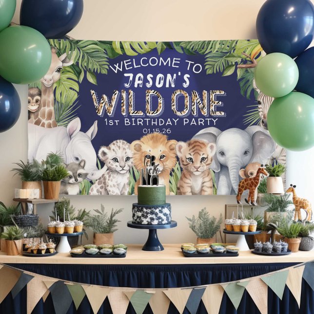 Jungle Safari Tiere, Wild eine Marine blau Willkom Banner (Navy BLue, Wild One, Boy 1st celebration, birthday welcome banner. Safari Themed first birthday.)