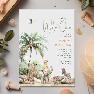 Jungle Safari Tiere "Wild One" Geburtstagsparty Einladung