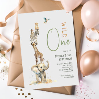 Jungle Safari Tiere "Wild One" Kindergeburtstag Einladung