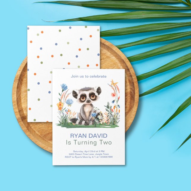 Jungle Safari Wild Animal Birthday Party Boys Einladung (Safari Jungle Watercolor Monkey Orange Blue Flowers Colorful Dots Two Wild Birthday Invitation)