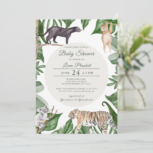 Jungle Safari Wild Baby Dusche Einladung (Stehend Vorderseite)