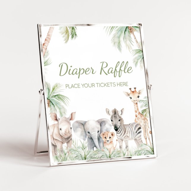 Jungle Safari Wild One Animals Diaper Raffle Poster (Jungle Safari Animals Wild One Baby Shower Diaper Raffle Sign)