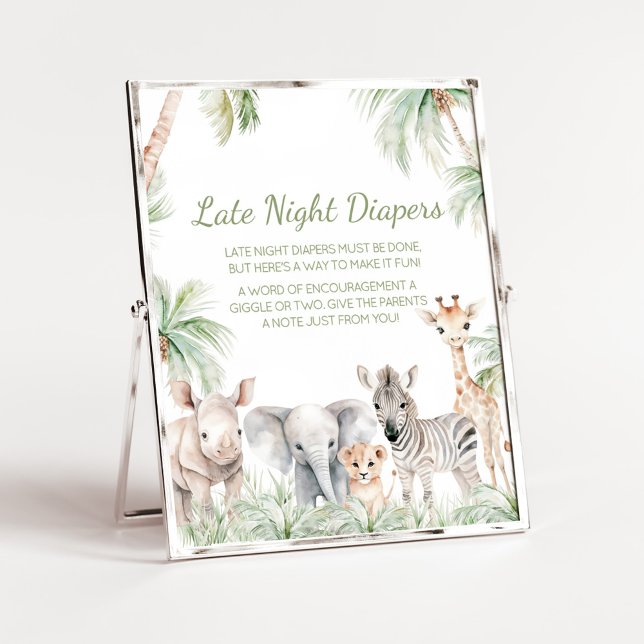 Jungle Safari Wild One Animals Spate Night Diapers Poster (Jungle Safari Animals Wild One Baby Shower Late Night Diapers Sign)