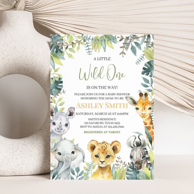 Jungle Safari Wild One Baby Dusche Einladung (Greenery Safari Animals Baby Shower Invitation)