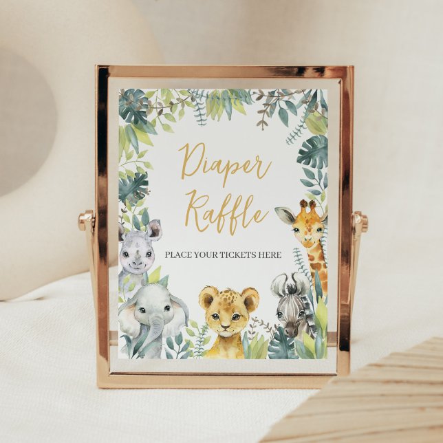 Jungle Safari Wild One Baby Dusche Windeln Raffle Poster (Greenery Safari Animals Baby Shower Diaper Raffle Sign)