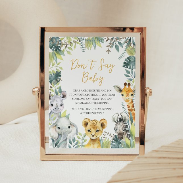 Jungle Safari Wild One Baby Shower Say Baby nicht Poster (Greenery Safari Animals Baby Shower Don't Say Baby Sign)