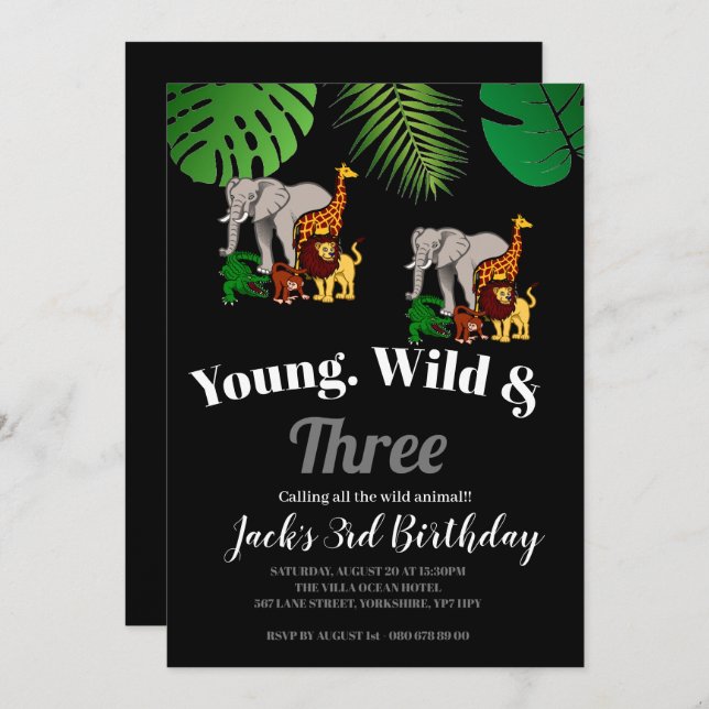 Jungle Safari Young Wild & Three 3. Geburtstag Einladung (Vorne/Hinten)
