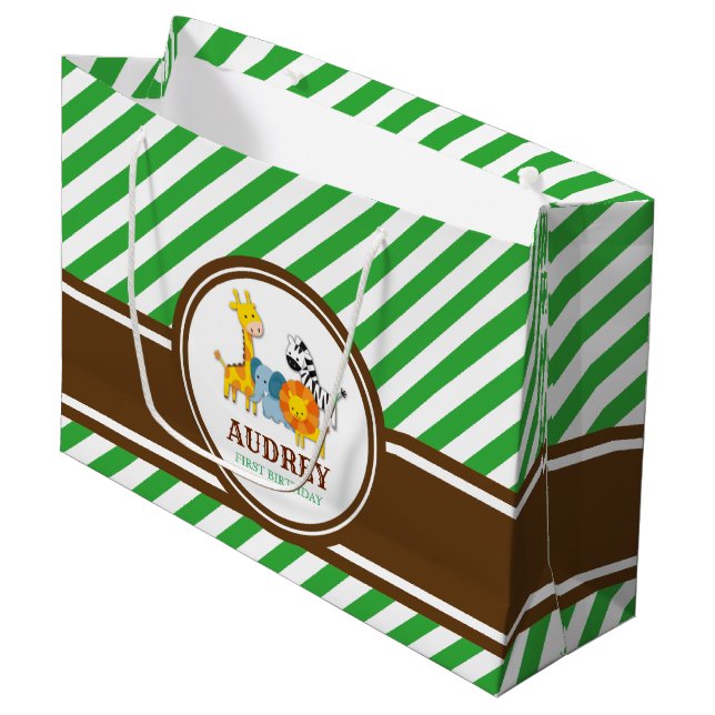 Jungle Safari Zoo Animal Birthday Baby Dusche Große Geschenktüte (Vorderseite Schrägansicht)